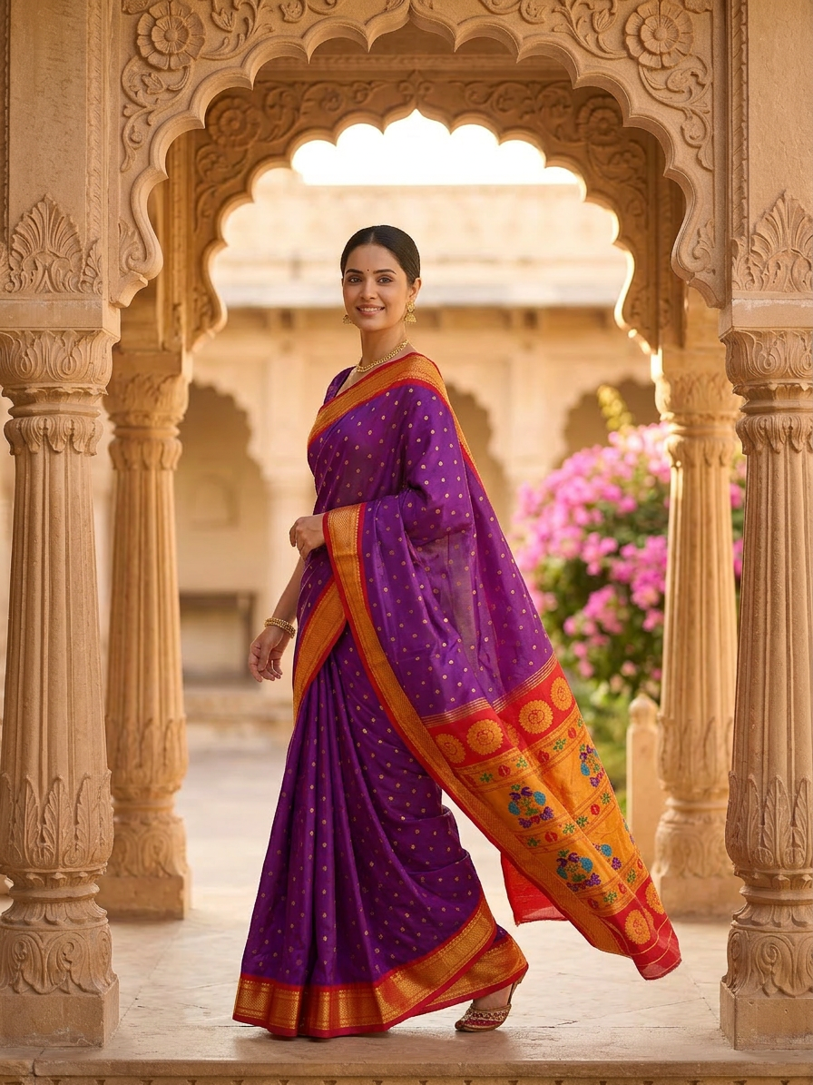 Woman in a traditional purple and orange saree standing in an ornate architectural setting with flowers in the background.