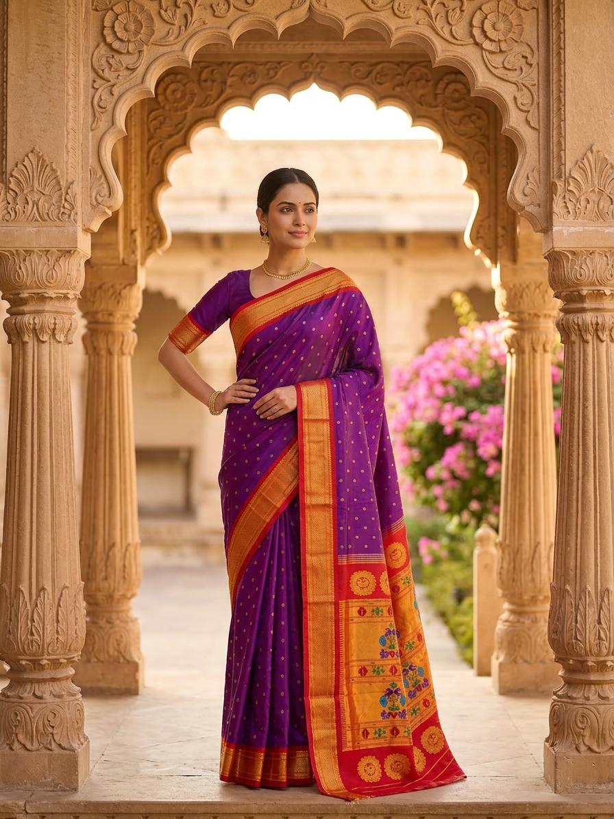 Woman in a purple and orange saree standing in an ornate archway with floral decorations.