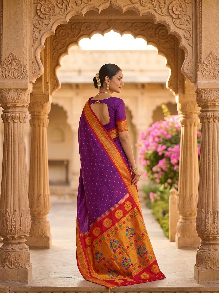 Woman in a purple and orange saree standing in an ornate archway with floral decorations.