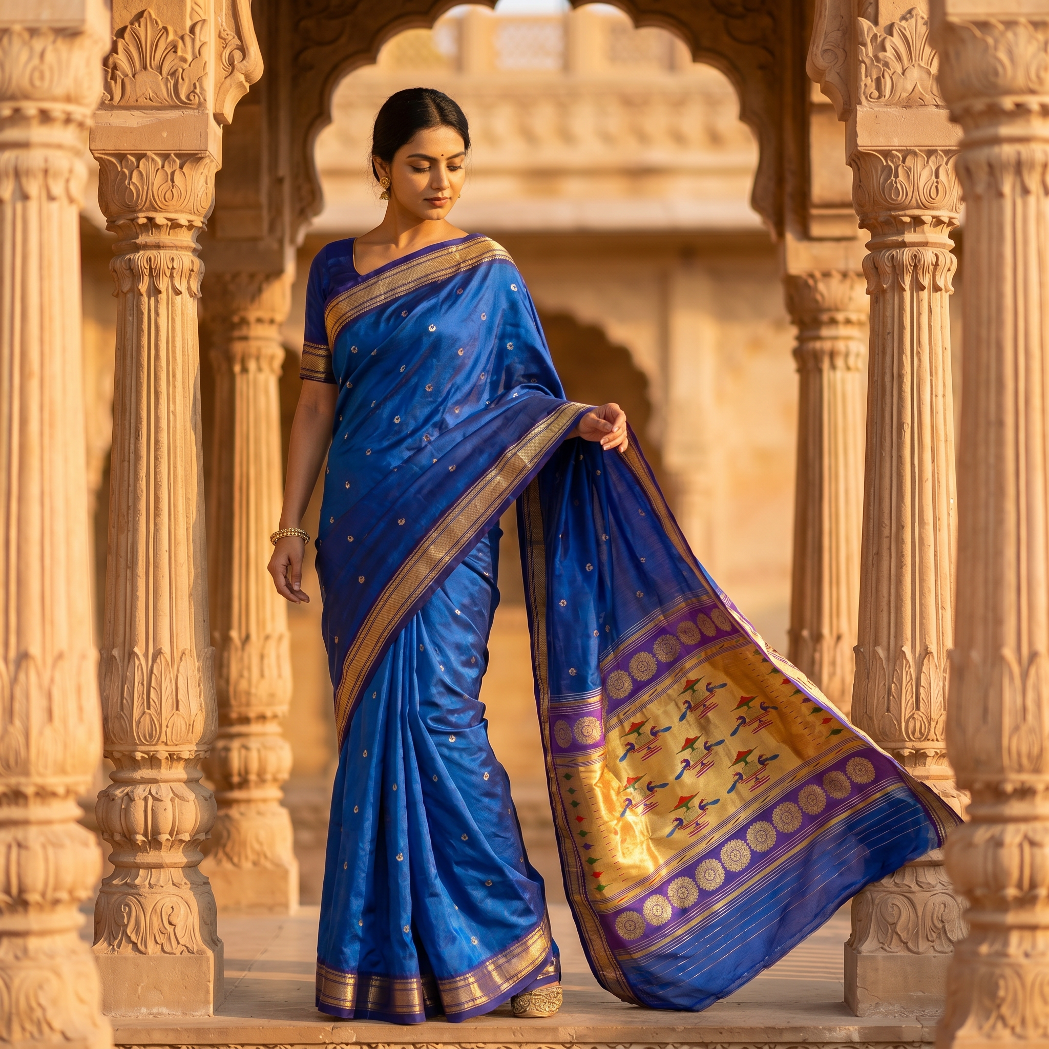 Woman in a blue saree with gold patterns standing in an architectural setting.