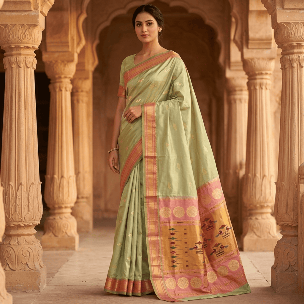 Woman in a traditional green saree with a decorative border standing in an architectural setting.