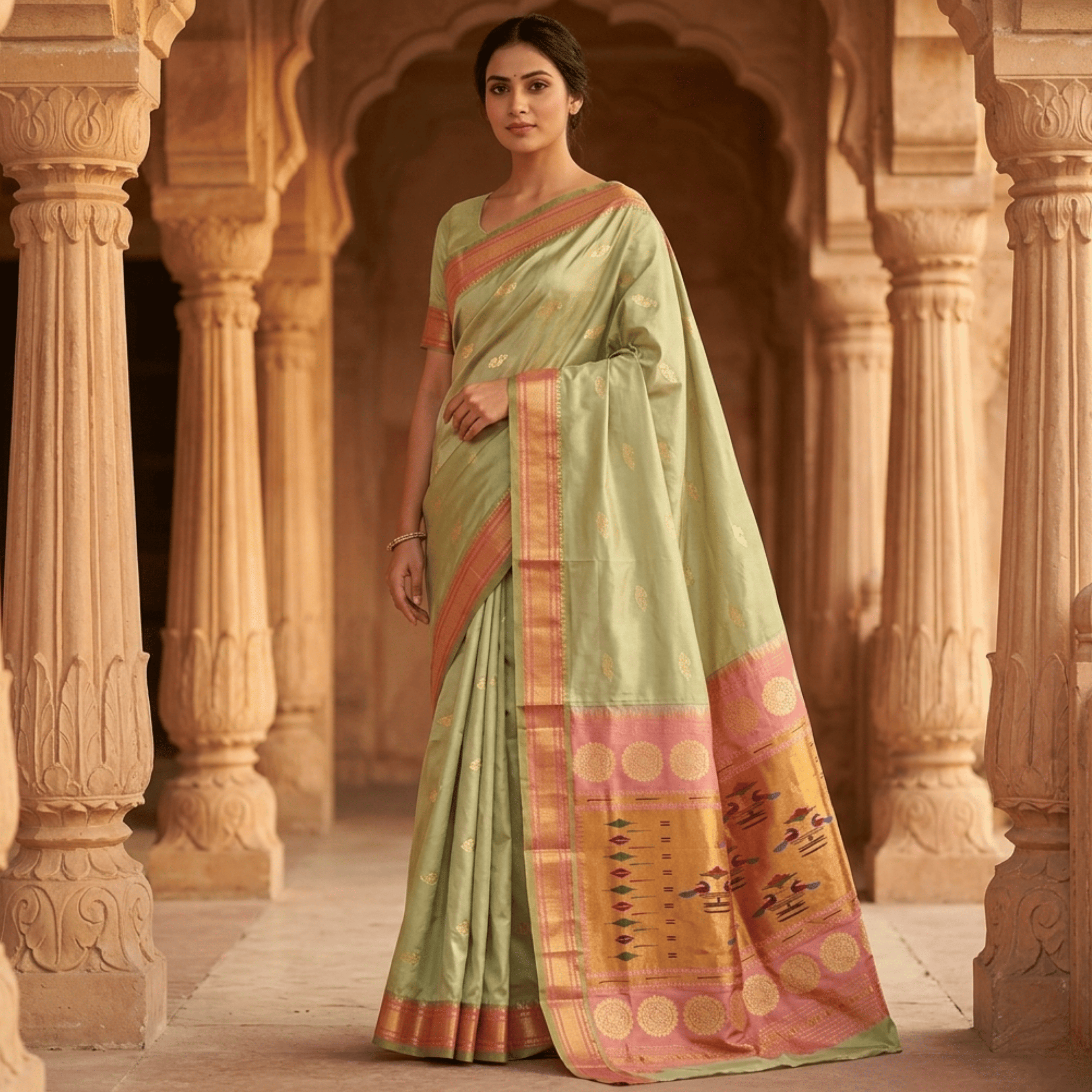 Woman in a traditional green saree with a decorative border standing in an architectural setting.