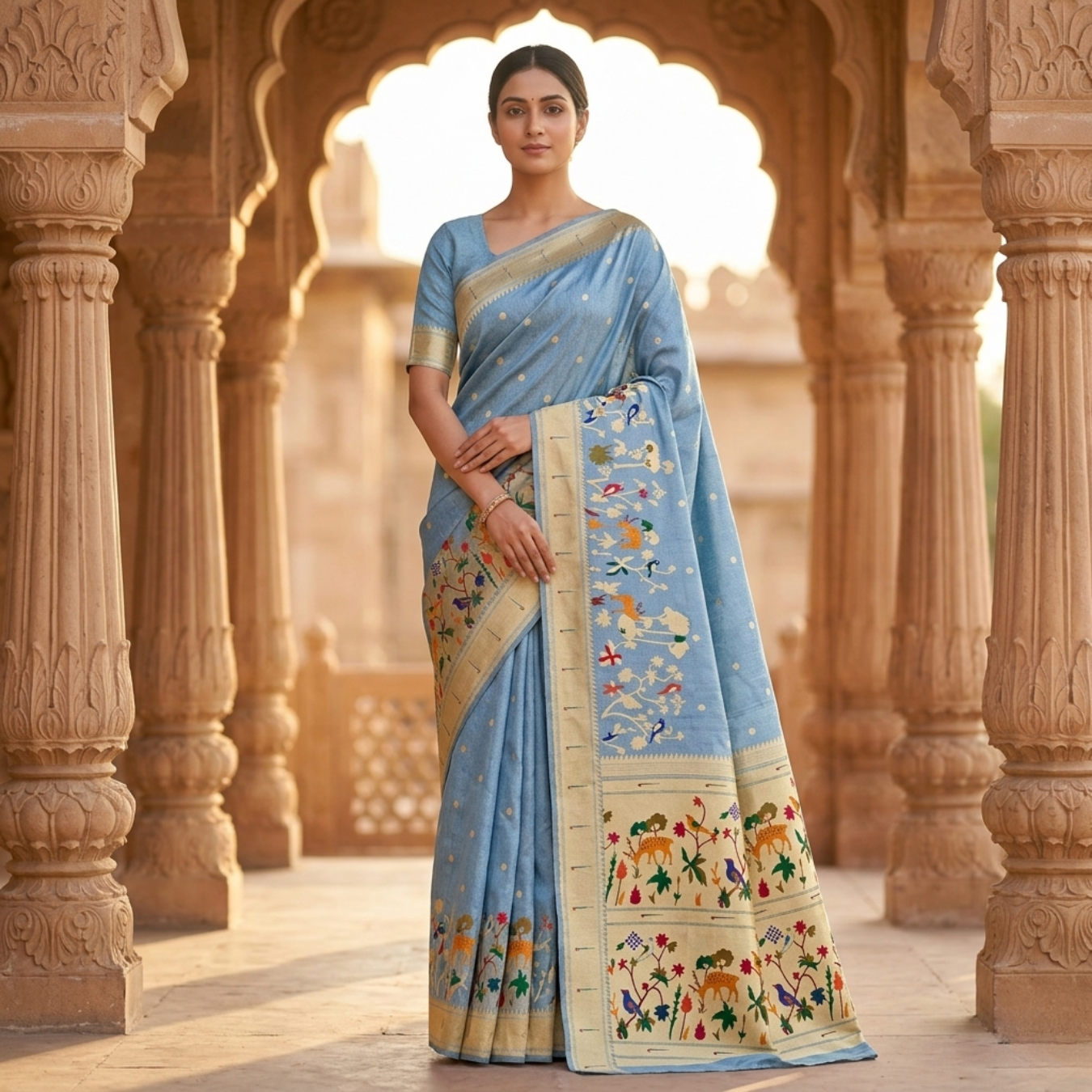 Woman in a traditional blue saree with floral patterns standing in an architectural setting.