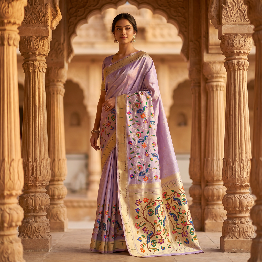 Woman in a traditional saree standing in an architectural setting with intricate carvings.