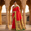 Woman in a red and gold saree standing in an architectural setting