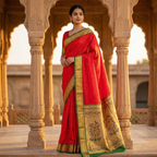 Woman in a red and gold saree standing in an architectural setting