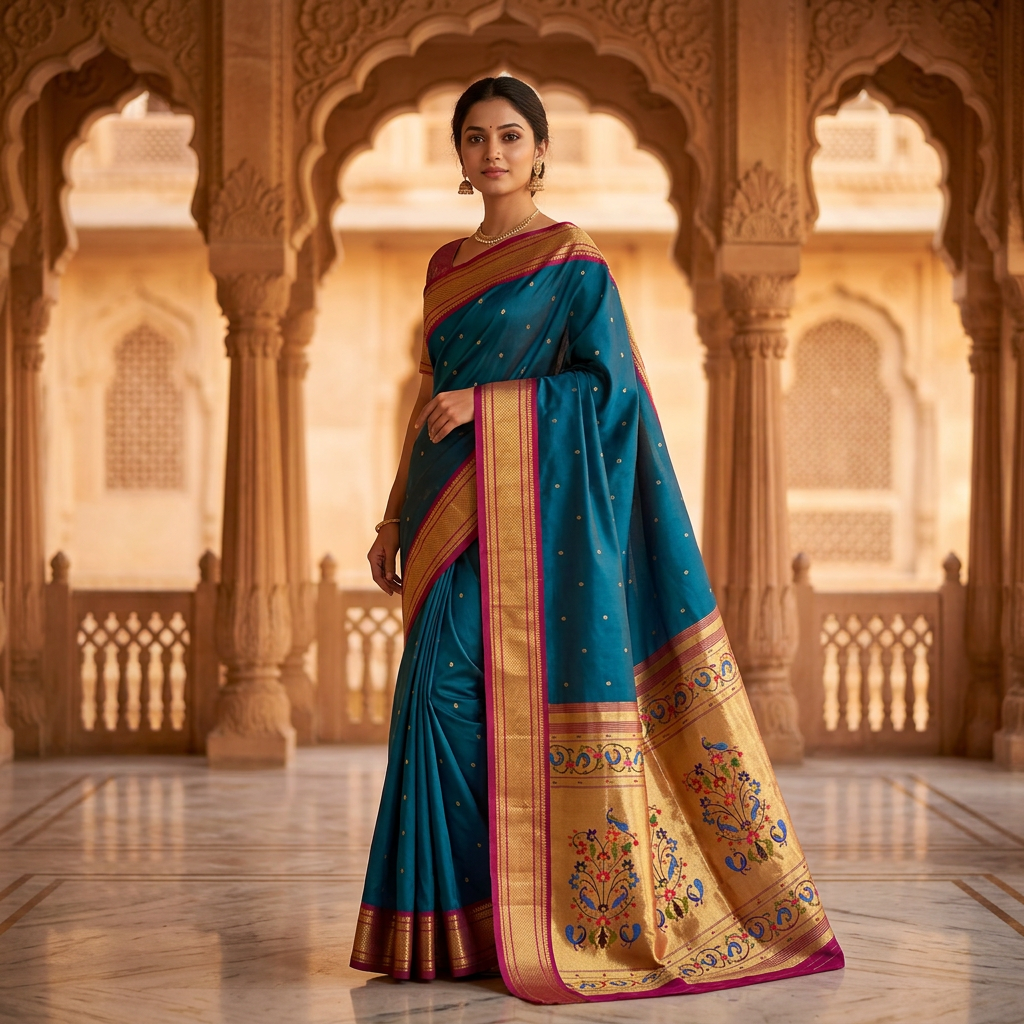 Woman in a traditional blue and gold saree standing in an ornate architectural setting.