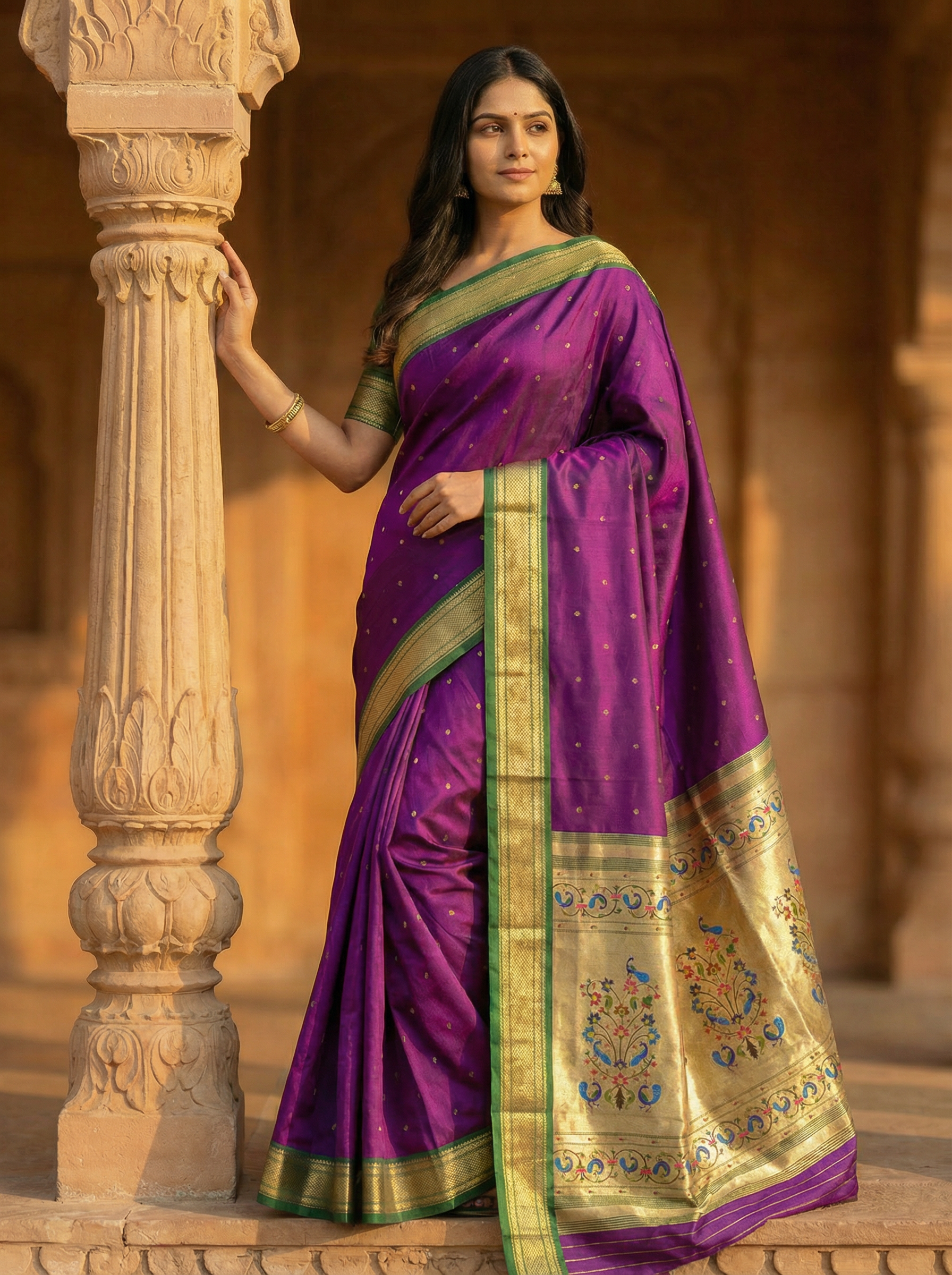 Woman in a purple saree with gold border standing against a stone wall.