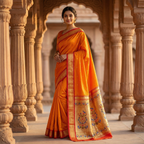 Woman in an orange saree with intricate patterns standing in a temple-like setting.
