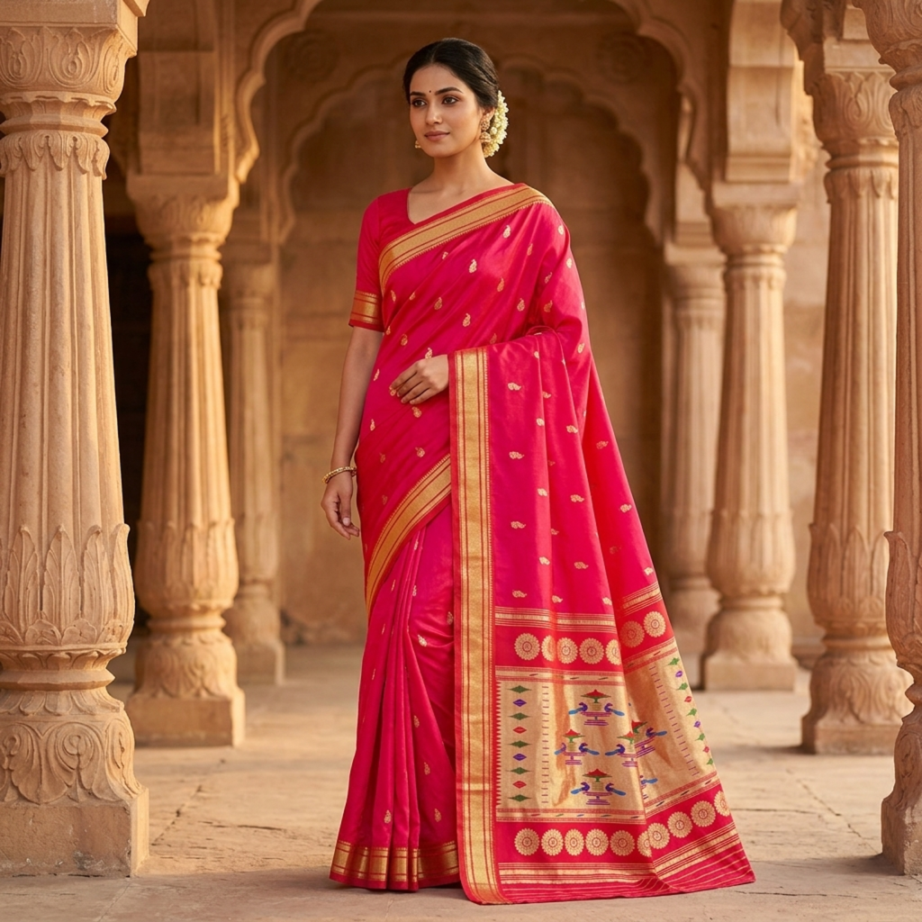 Woman in a pink saree with gold patterns standing in an architectural setting.
