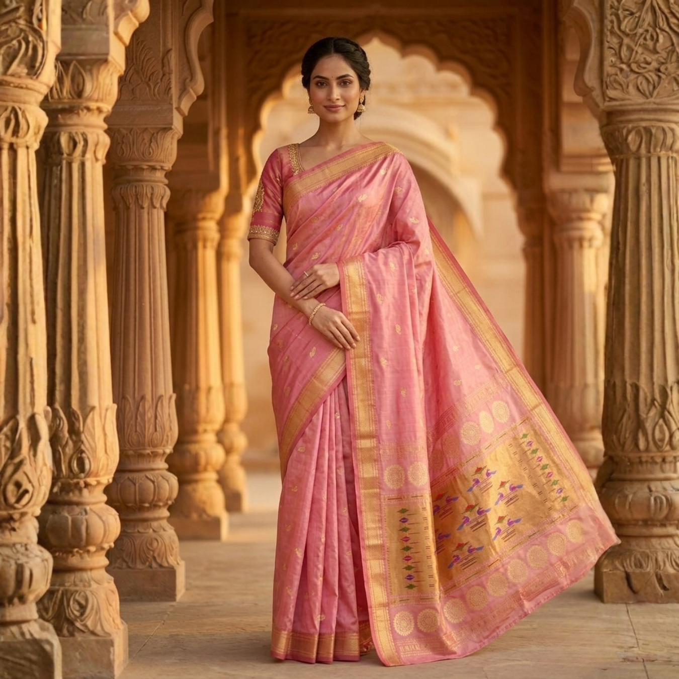 Woman in a pink saree with gold border standing in an architectural setting