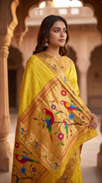 Woman wearing a yellow saree with colorful bird patterns in an architectural setting