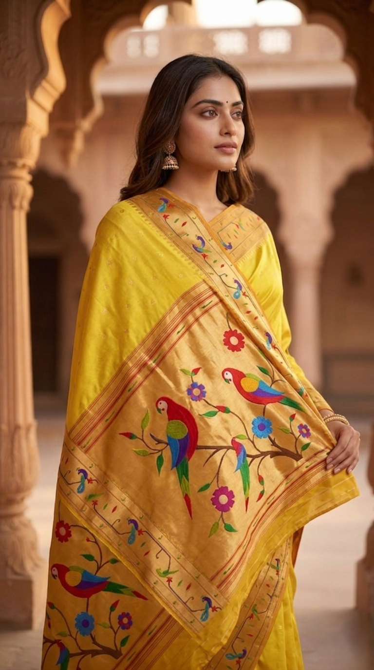 Woman wearing a yellow saree with colorful bird patterns in an architectural setting