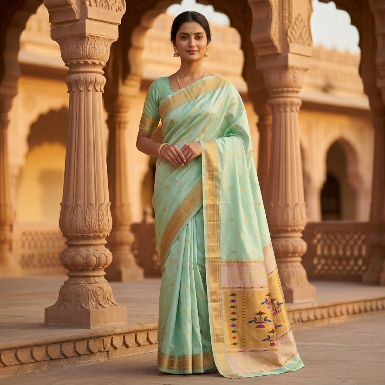 Woman in a light green saree with gold border standing in front of architectural columns.