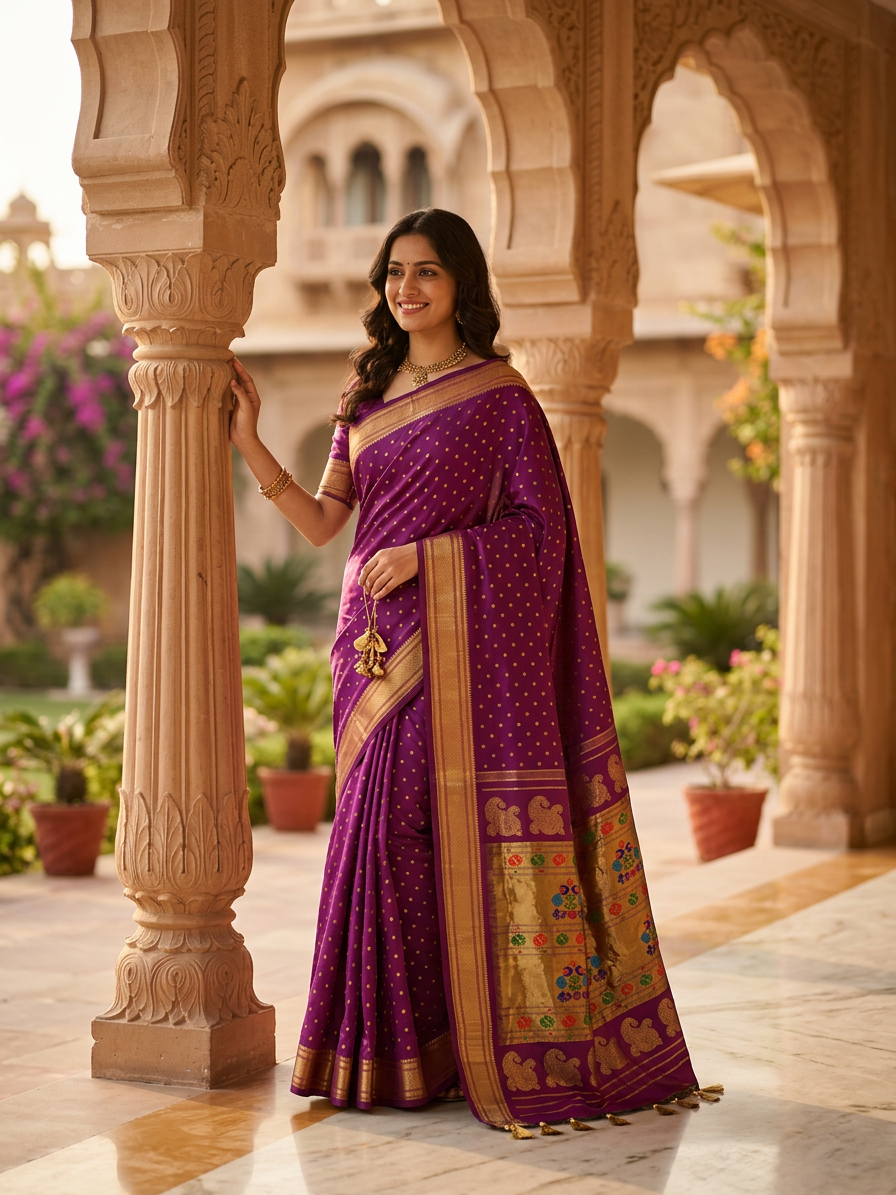 Woman in a purple saree with gold patterns standing in front of an architectural structure.