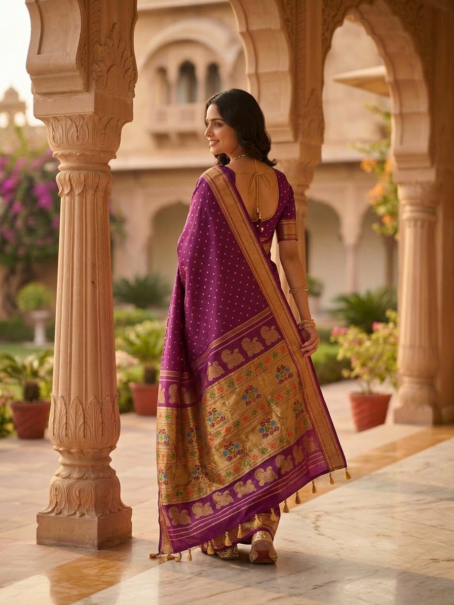 Woman in a traditional purple and gold saree standing in an ornate architectural setting.
