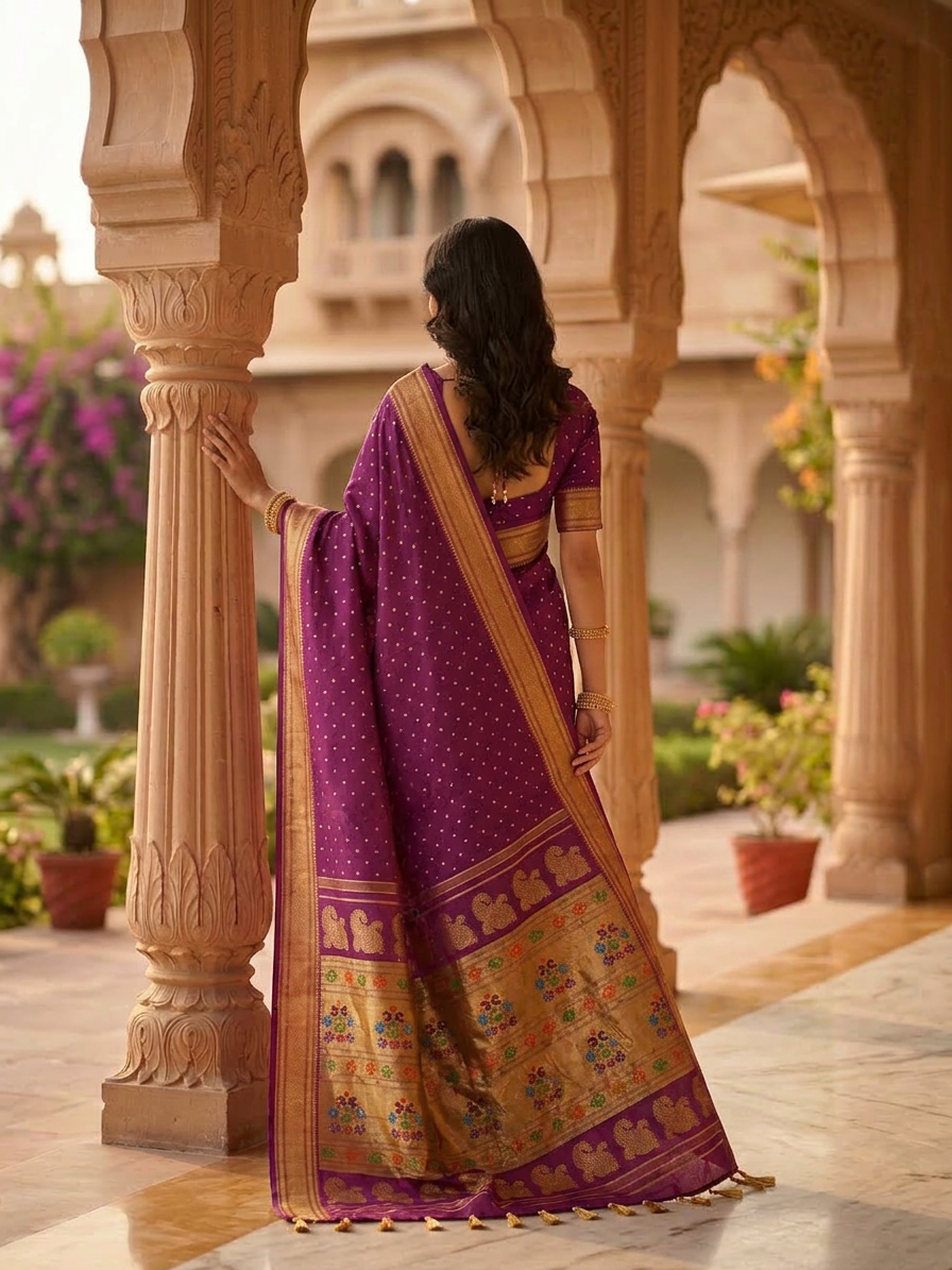Woman in a purple and gold saree standing in front of an architectural structure with floral decorations.