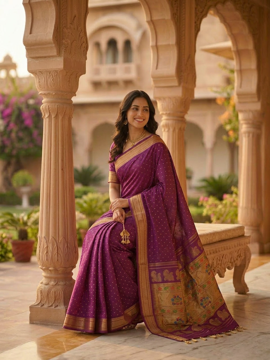 Woman in a purple saree sitting under an archway with decorative columns.