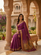 Woman in a purple saree sitting under an archway with decorative columns.