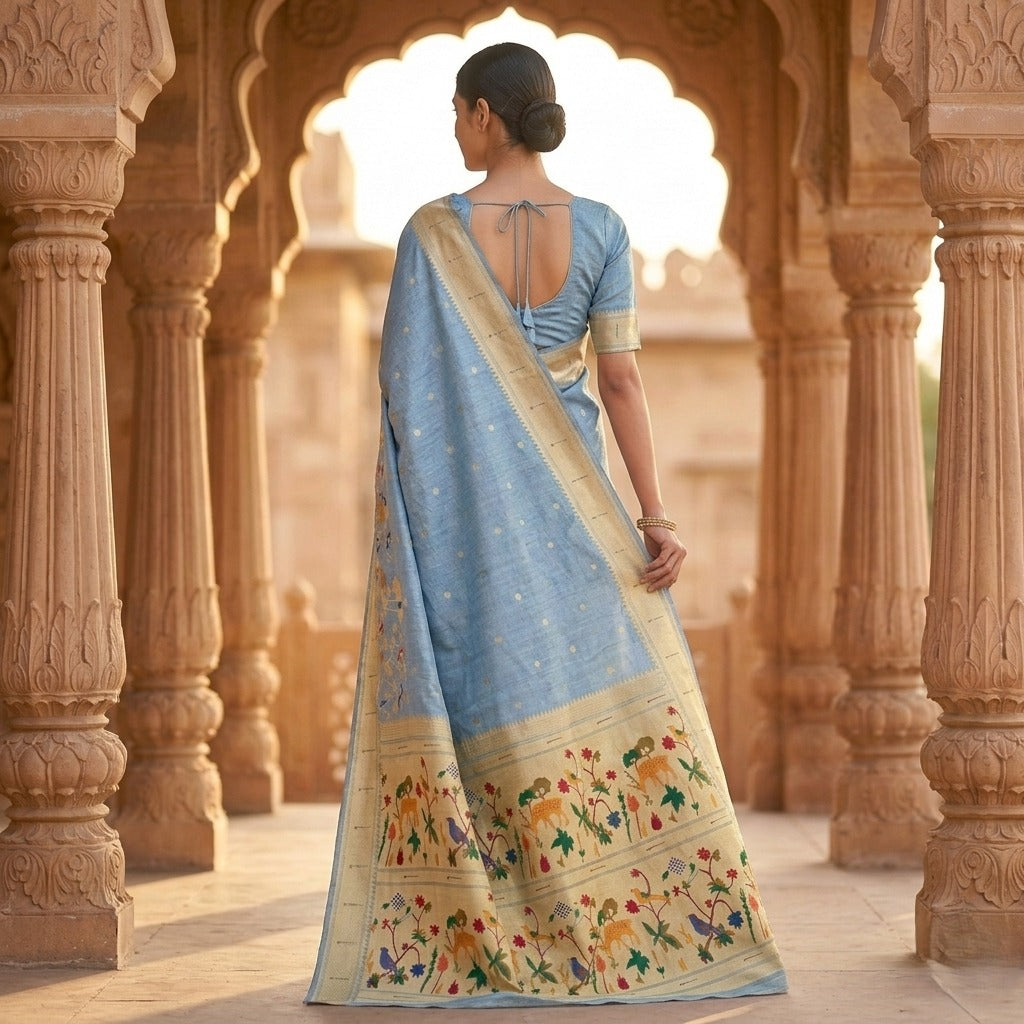 Woman in a blue saree with floral patterns standing in an architectural setting.