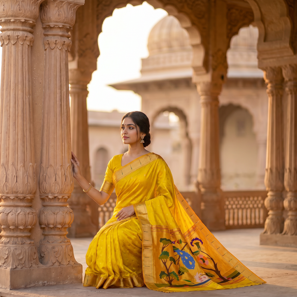 Woman in a yellow saree with intricate patterns sitting in an architectural setting.