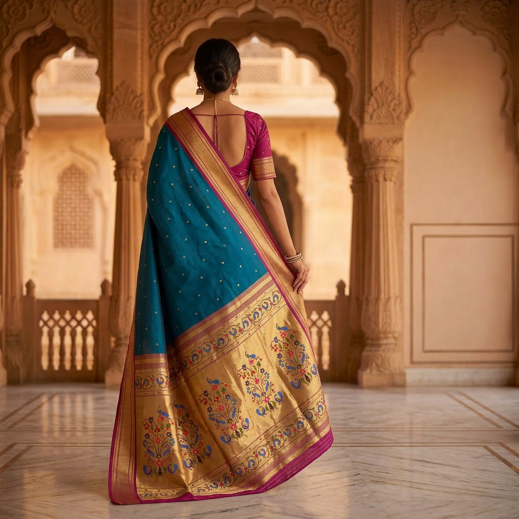 Woman in a traditional saree standing in an ornate architectural setting