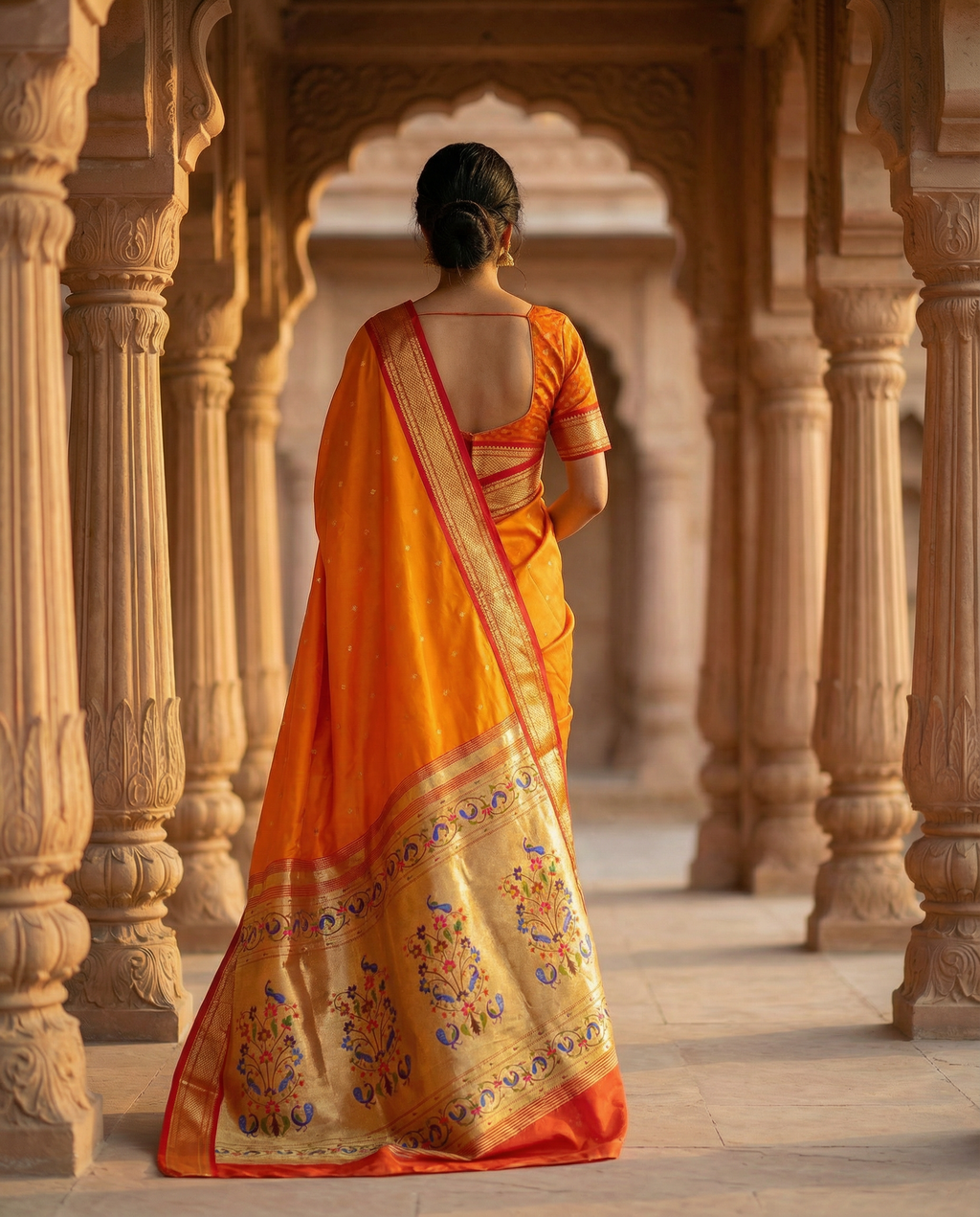 Woman in an orange saree standing in front of a stone archway
