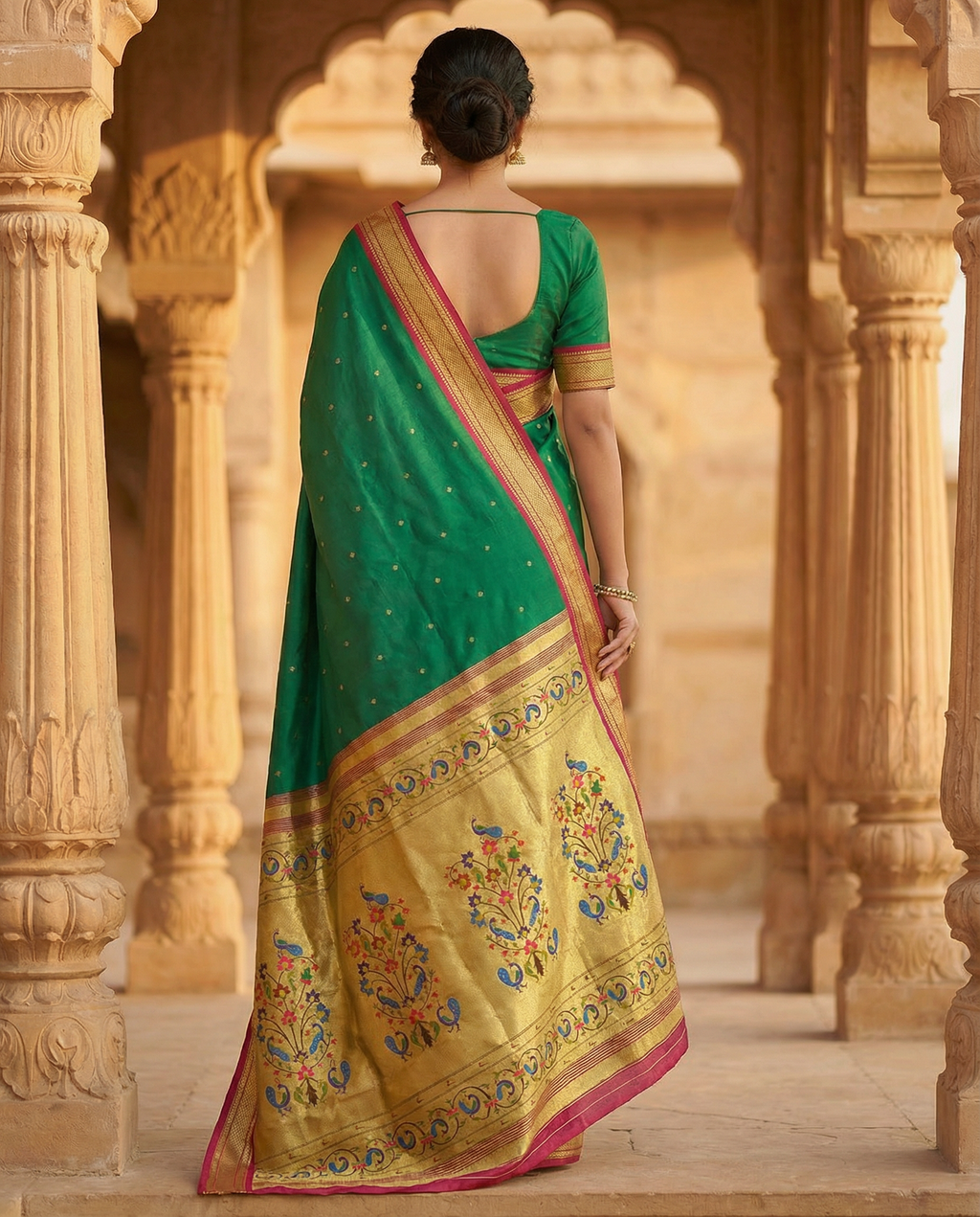 Woman wearing a green and yellow saree with intricate patterns in an architectural setting.