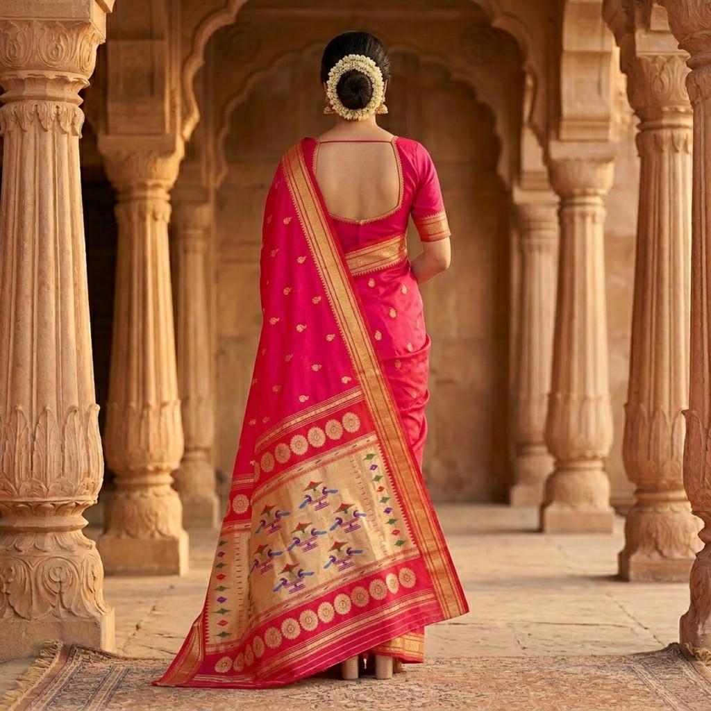 Woman in a pink saree with gold patterns standing in an architectural setting.