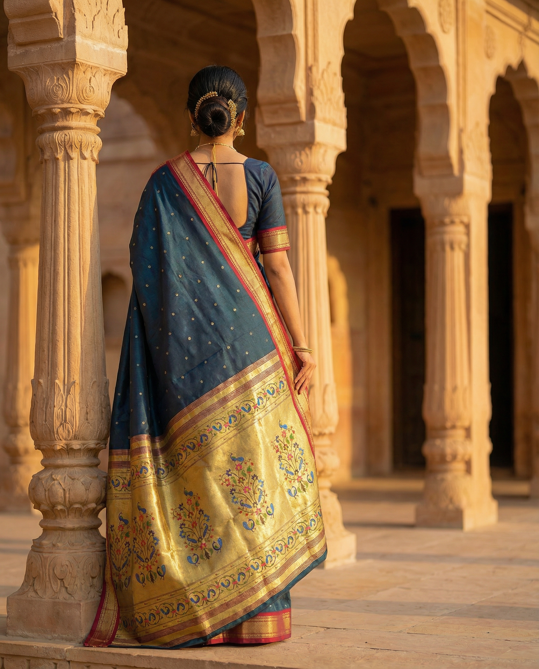 Woman in a traditional saree standing in an architectural setting with stone columns.