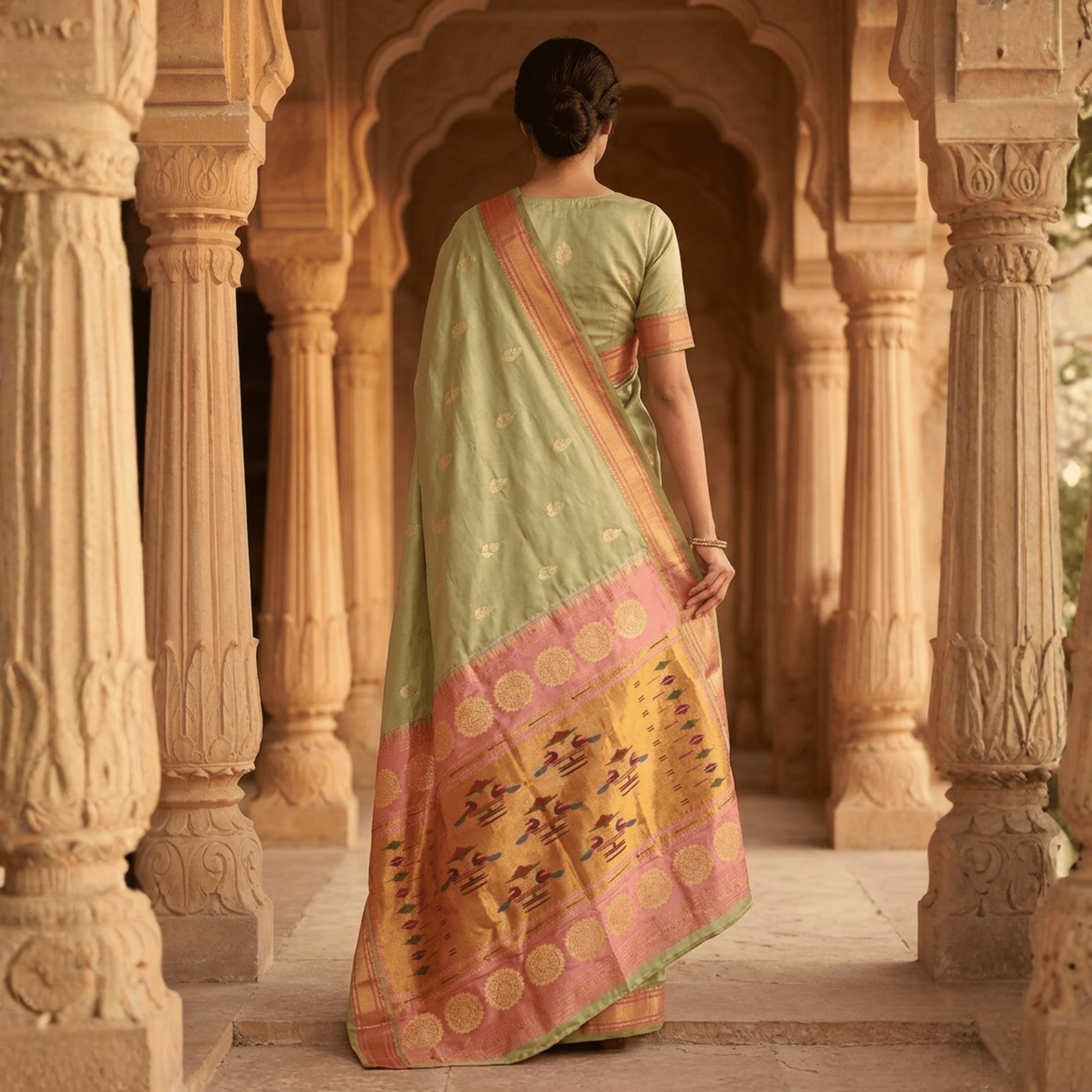 Woman in a traditional saree standing in an architectural setting with intricate columns.