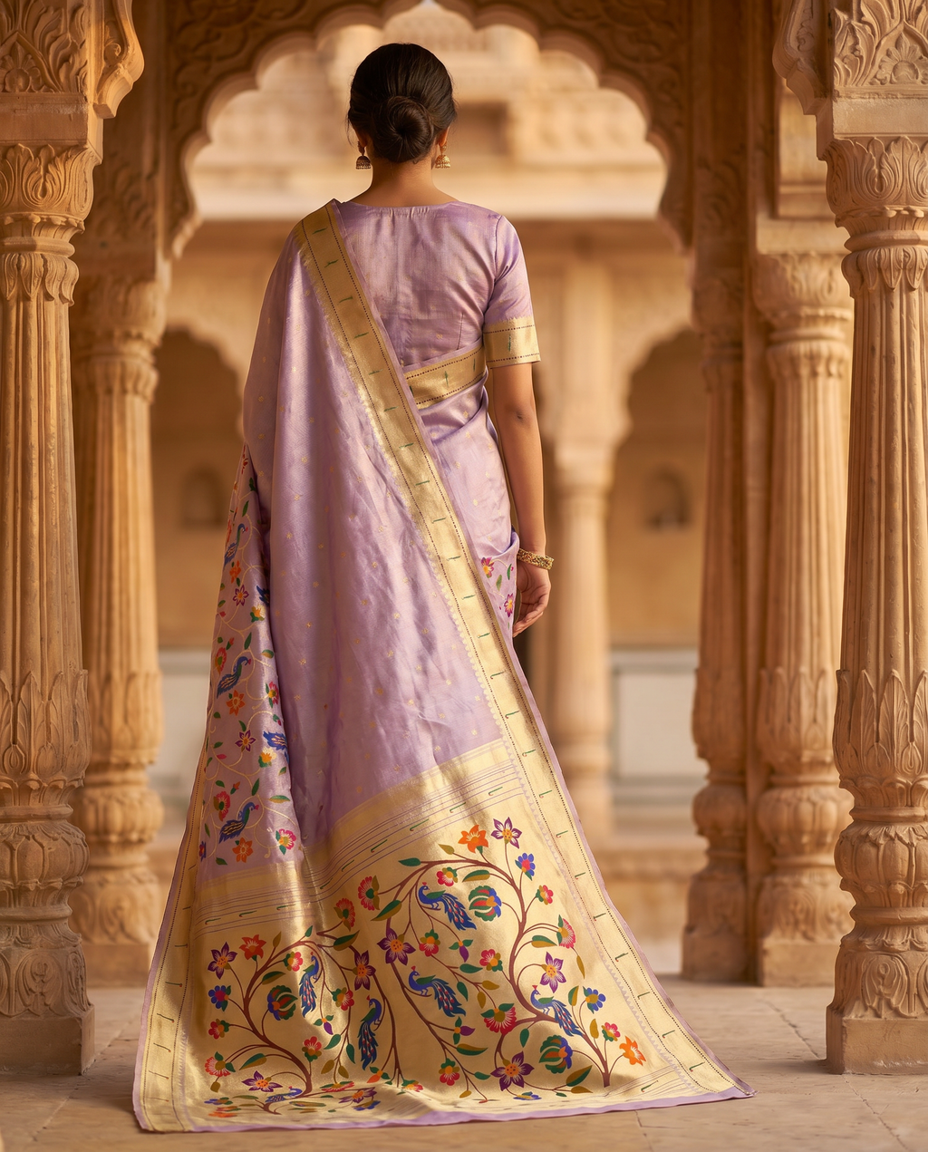 Woman in a traditional saree standing in an architectural setting with intricate carvings.