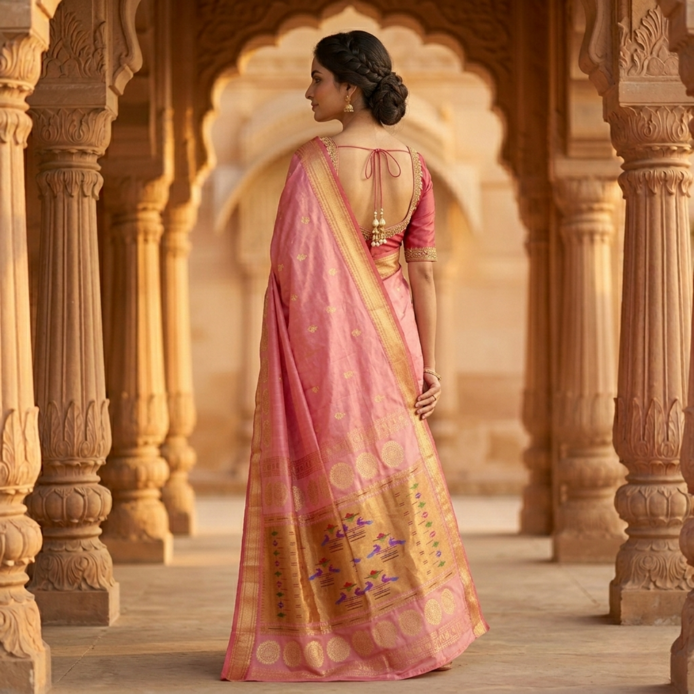 Woman in a pink saree standing in an architectural setting with intricate columns.