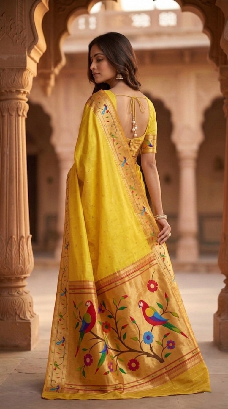 Woman wearing a yellow saree with bird and floral patterns in an architectural setting.
