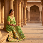 Woman in a green saree sitting in an architectural setting