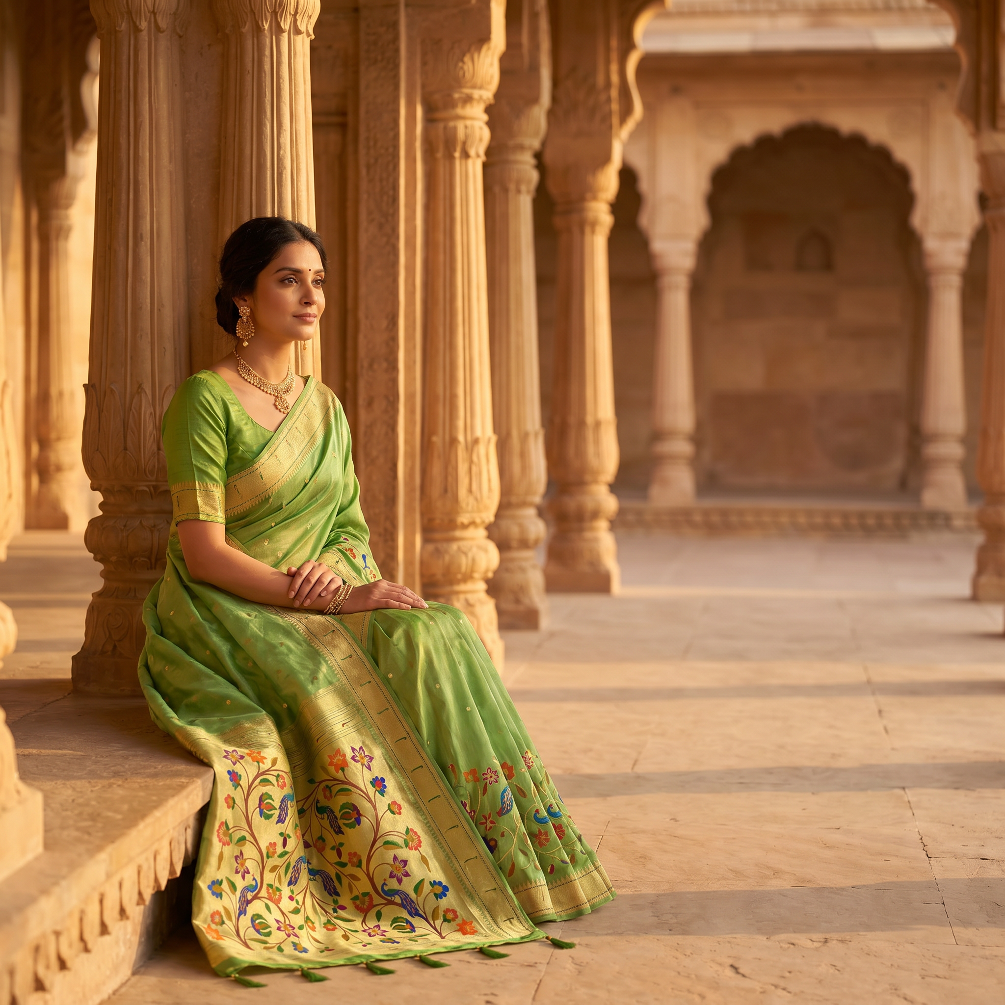 Woman in a green saree sitting in an architectural setting