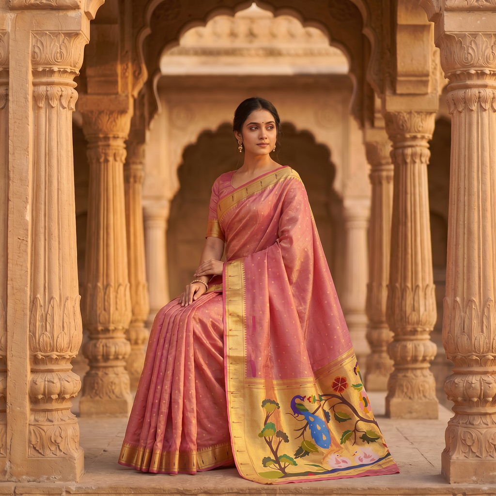 Woman in a traditional pink saree with gold patterns in an architectural setting