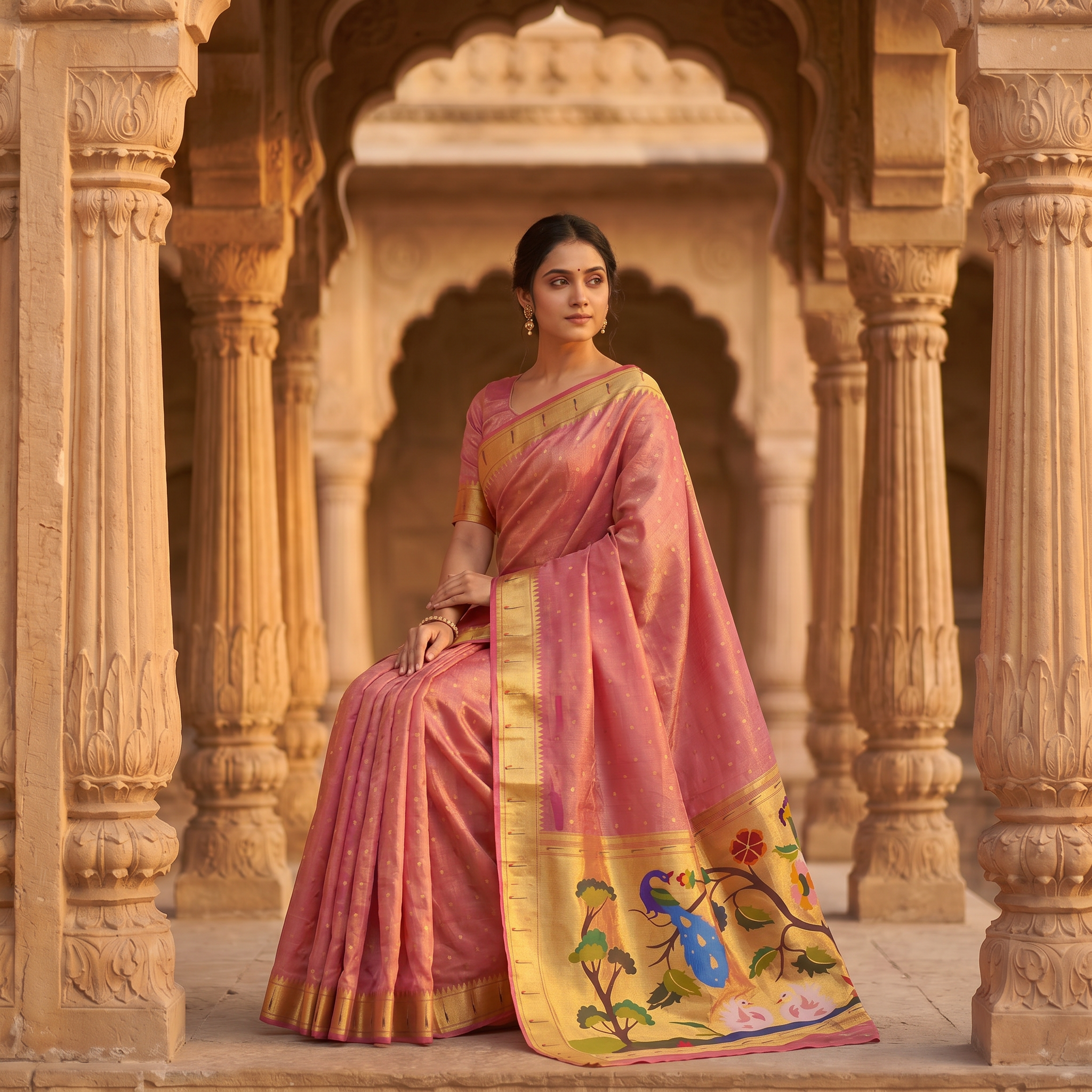 Woman in a traditional pink saree with gold patterns in an architectural setting