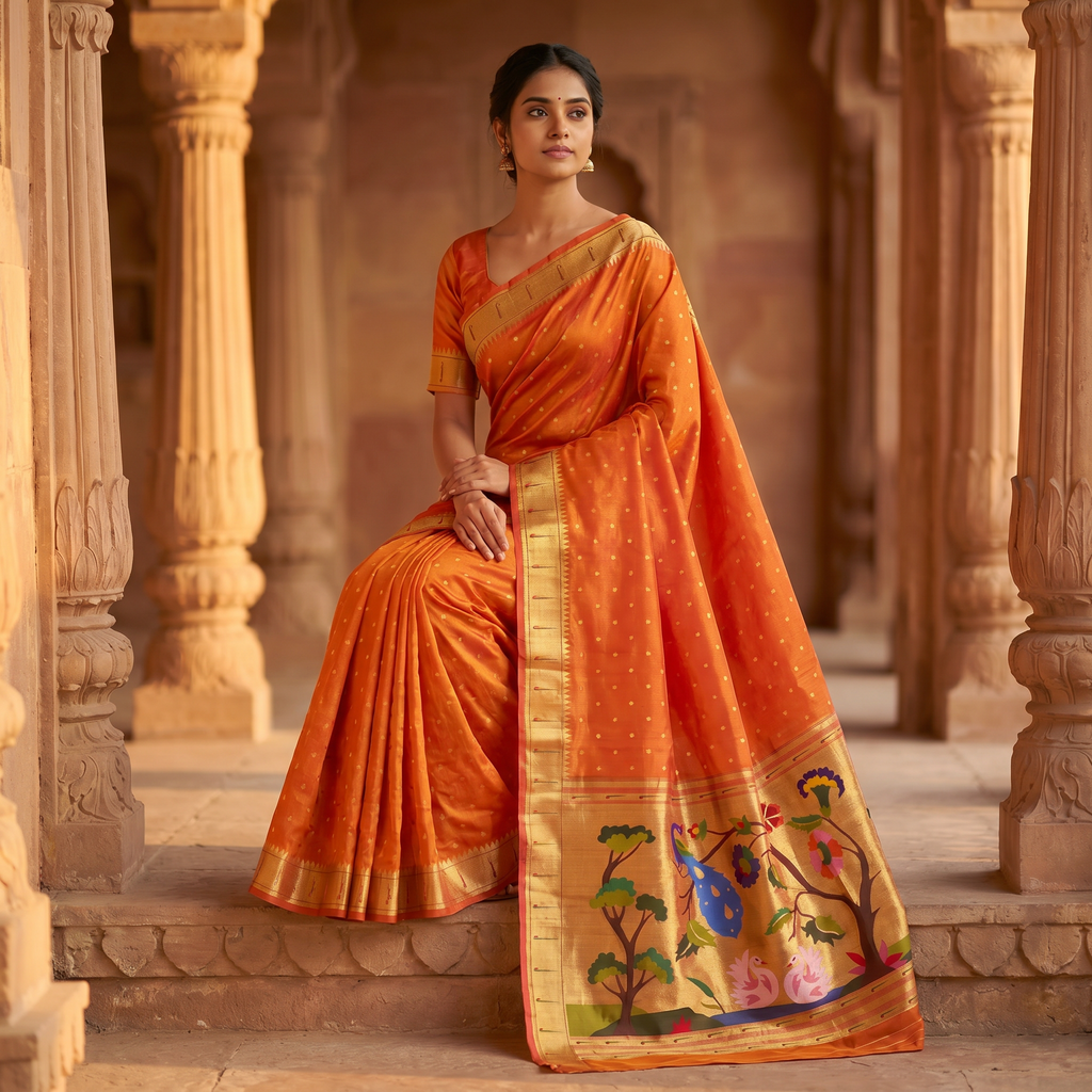 Woman in an orange saree with intricate patterns standing in a temple setting.