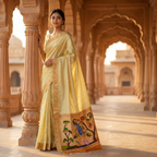 Woman in a yellow saree with intricate designs standing in an architectural setting.