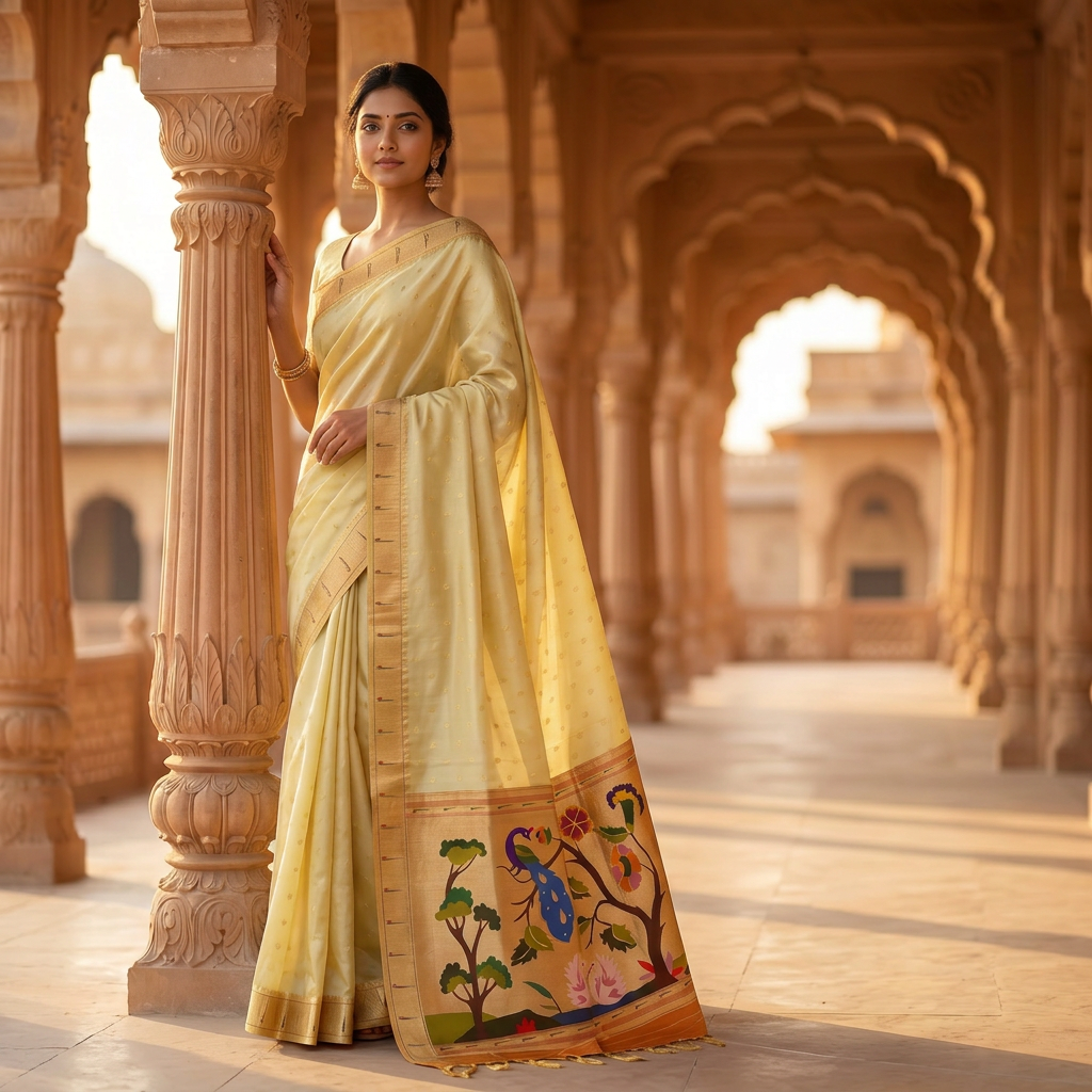 Woman in a yellow saree with intricate designs standing in an architectural setting.