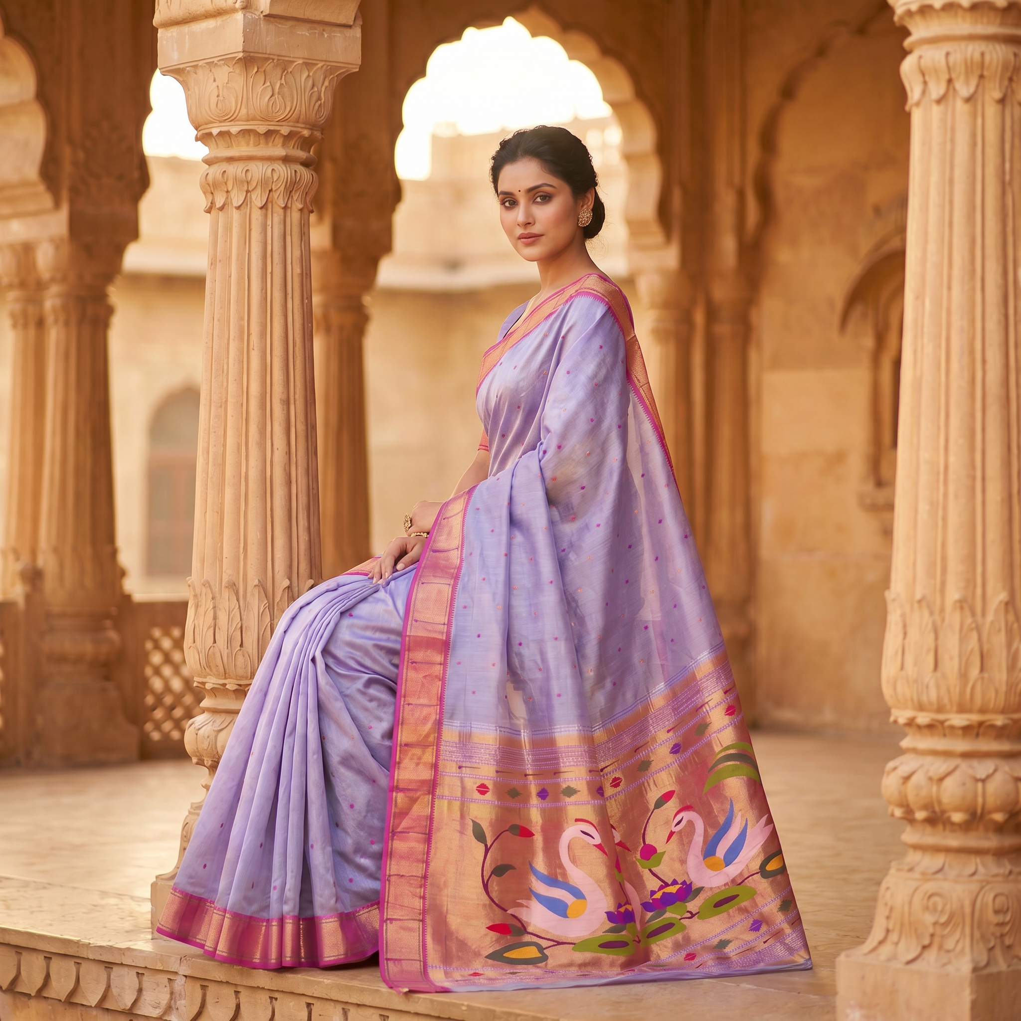 Woman in a traditional lavender saree with a colorful border in an architectural setting