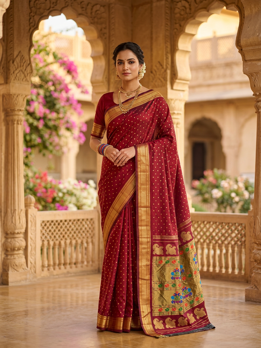 Woman in a red saree with gold border standing in an ornate architectural setting.