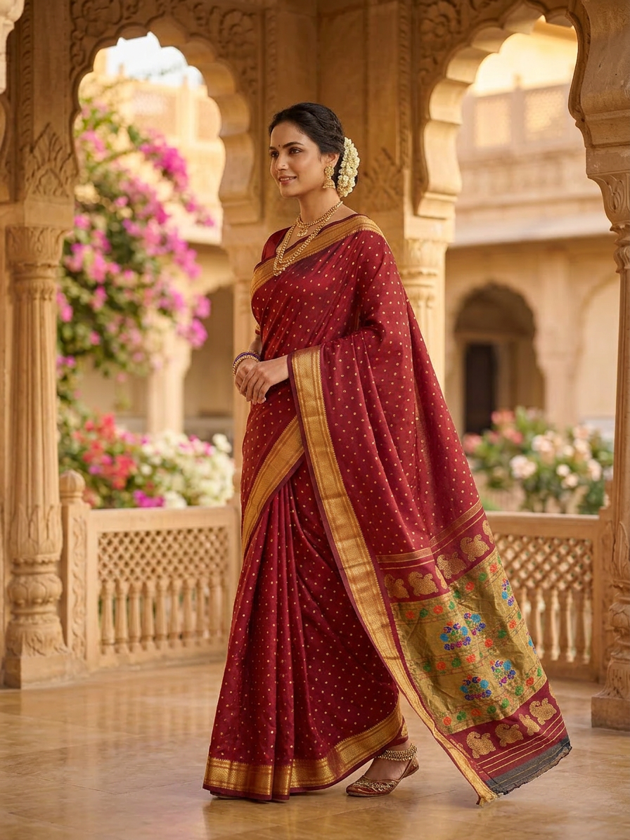 Woman in a red saree with gold border standing in an ornate architectural setting.