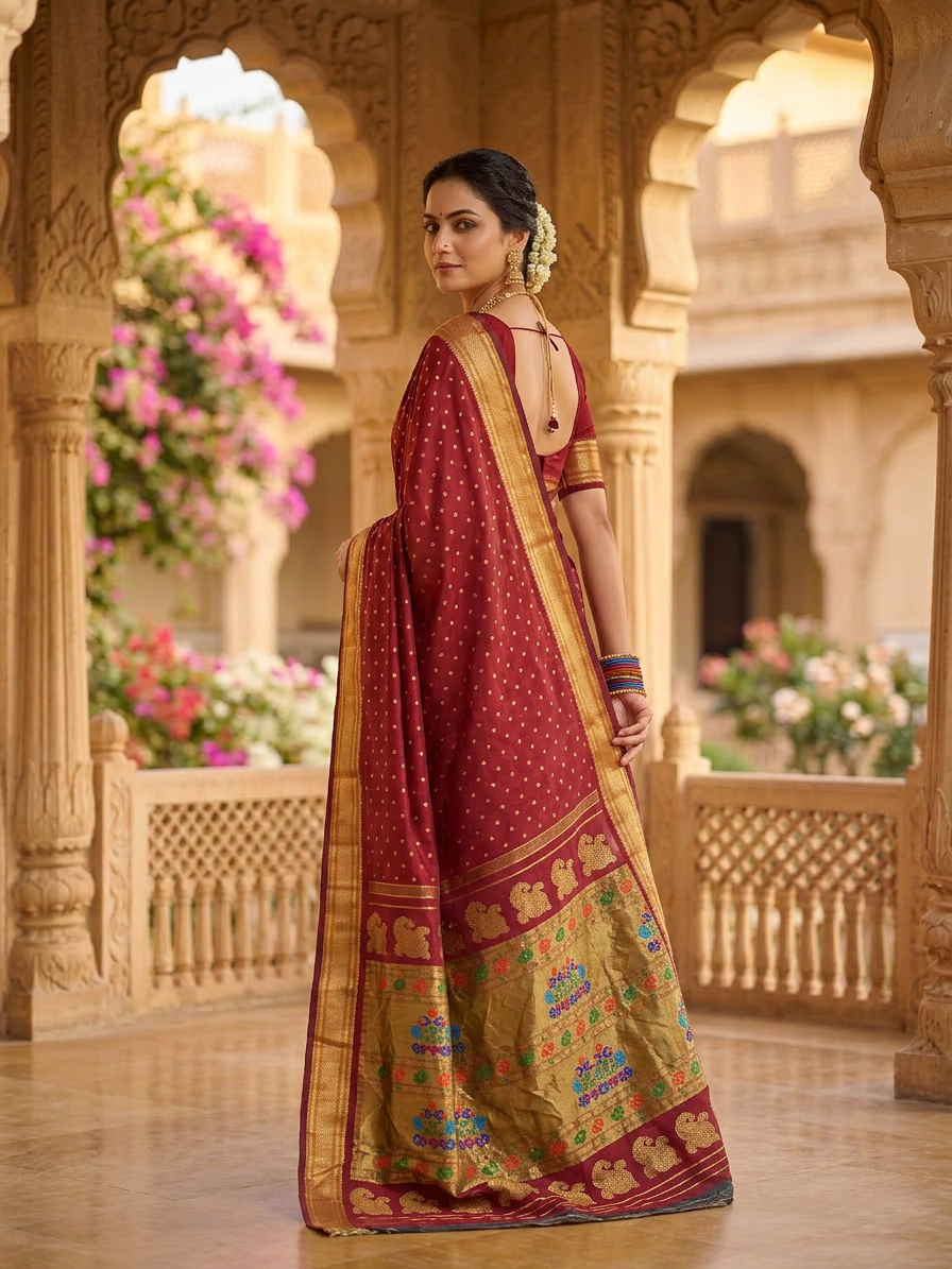 Woman in a traditional red and gold saree standing in an ornate architectural setting with floral decorations.