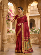 Woman in a red saree with gold border standing in an ornate architectural setting.