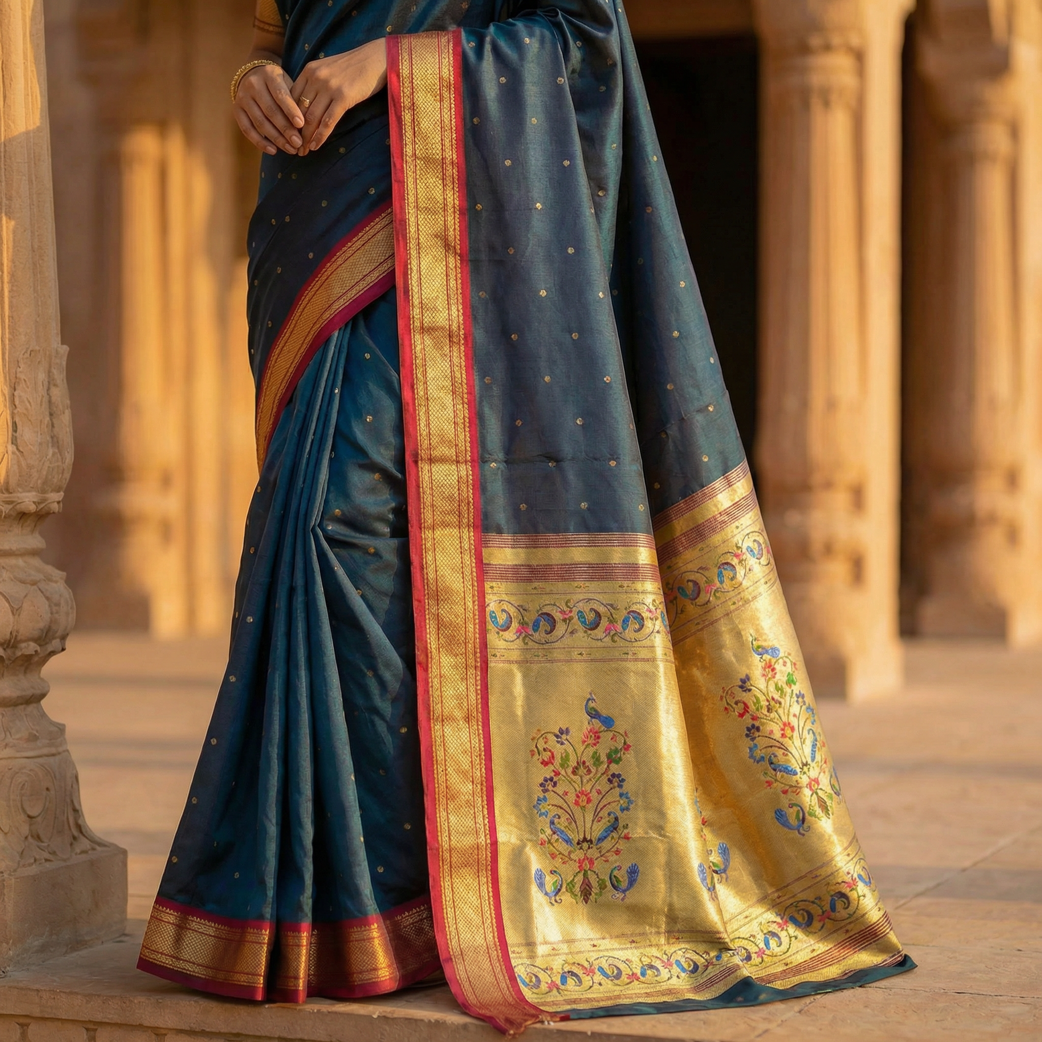 Blue saree with gold border and intricate design held by a person in an outdoor setting.