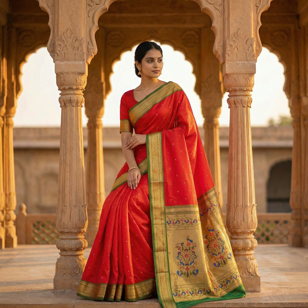 Woman in a red saree with gold border standing in an architectural setting