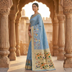 Woman in a traditional saree standing in an architectural setting