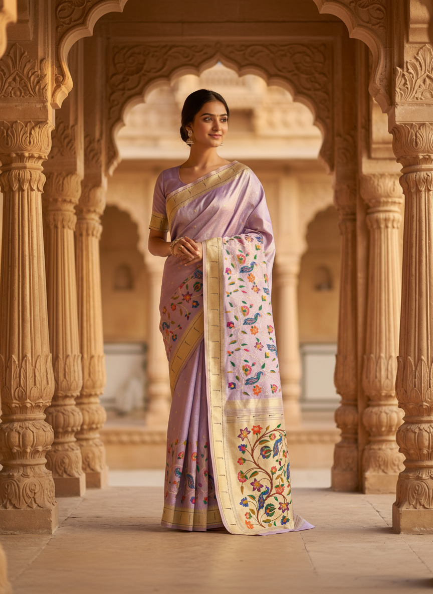 Woman in a traditional saree standing in an architectural setting